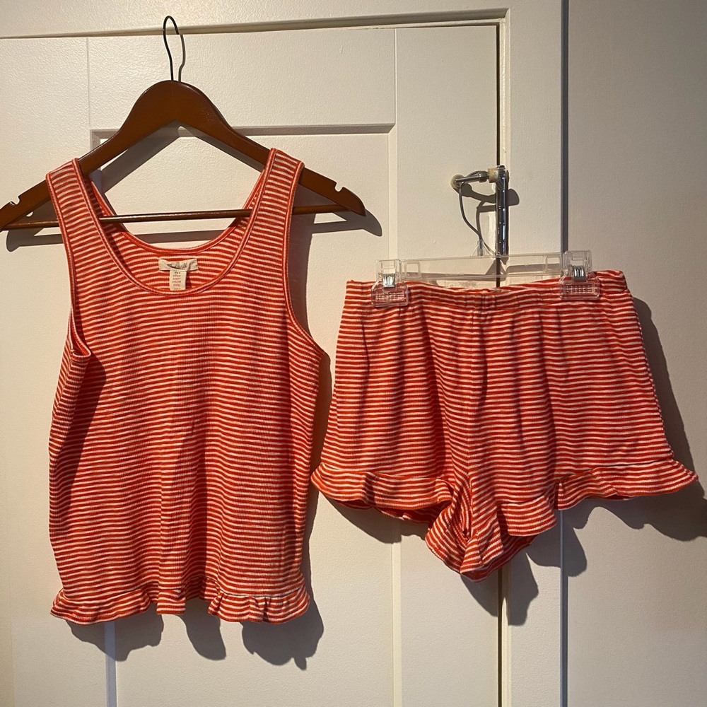 Madewell Pajama Two Piece Set (Orange + White Striped)